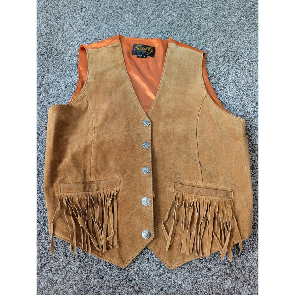 Scully Mens Tan Suede Leather Fringe Western Vest Orange Lining Globe Buttons 12